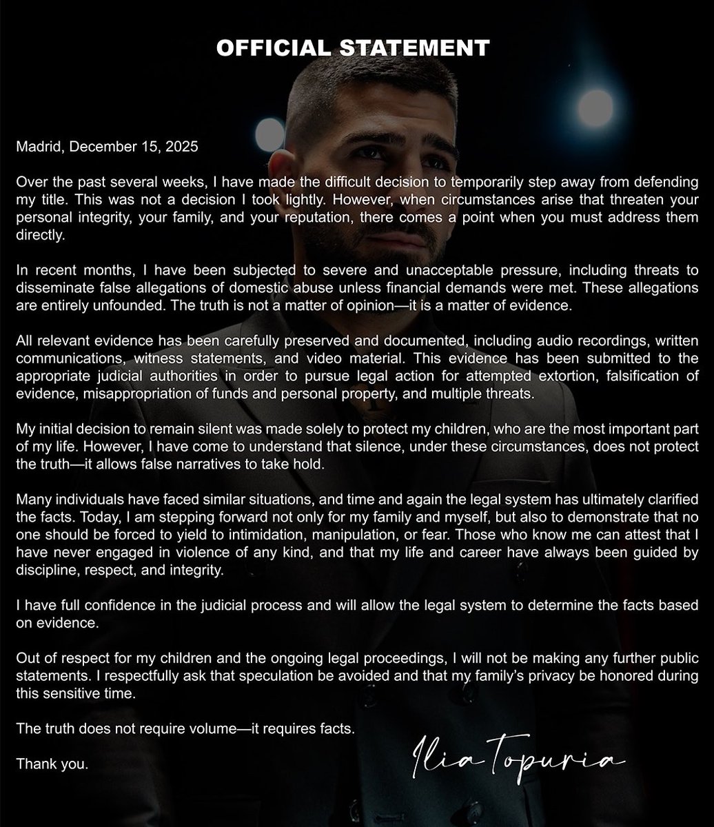 KnockoutOdds's tweet image. Ilia Topuria has just released an official
statement regarding his break from the
UFC saying he’s fighting false domestic 
abuse claims from his ex-wife Giorgina