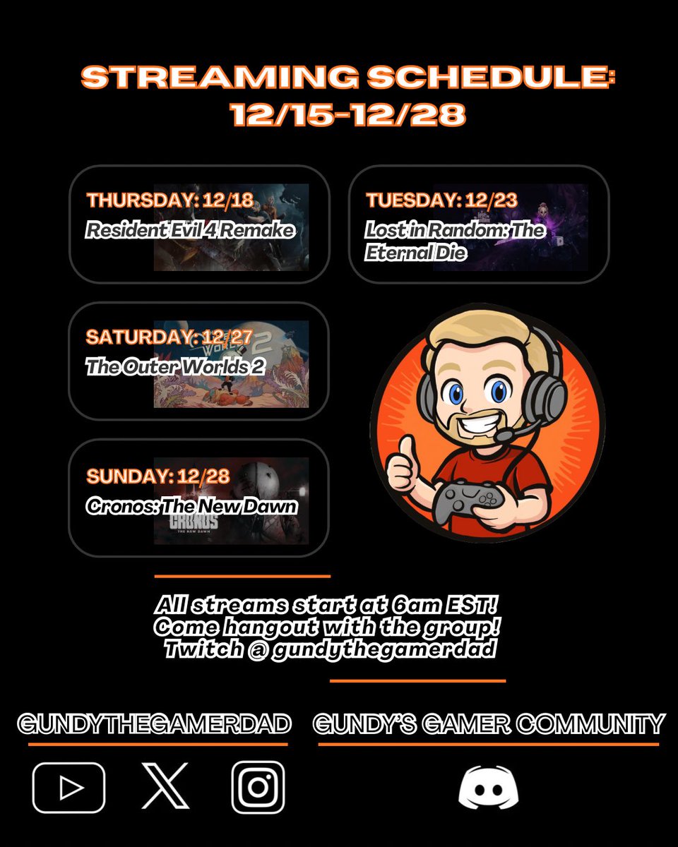 GundyGamerDad's tweet image. Some BIG changes with the schedule this week. Still trying to iron out the discoverability in these early stages! 👍🏻🎮 #residentevil #residentevil4remake #lostinrandom #lostinrandomtheeternaldie #theouterworlds #theouterworlds2 #cronosthenewdawn #xbox