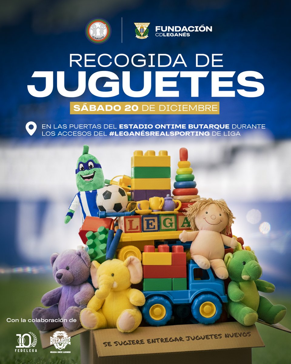 🧸 Nuestra Fundación, junto a <a href="/Asc_SONRISAS/">ASOCIACION SONRISAS</a> y con la colaboración de <a href="/FPLeganes/">FEDELEGA</a> y <a href="/OnceLeonesLega/">ONCE LEONES</a>, organiza una recogida solidaria de juguetes en el <a href="/ontimebutarque/">Estadio Ontime Butarque</a> antes del #LeganésRealSporting.

🤗 ¡Os esperamos a todos este sábado!

ℹ️ Toda la info ➡️ tinyurl.com/3a4c59hn