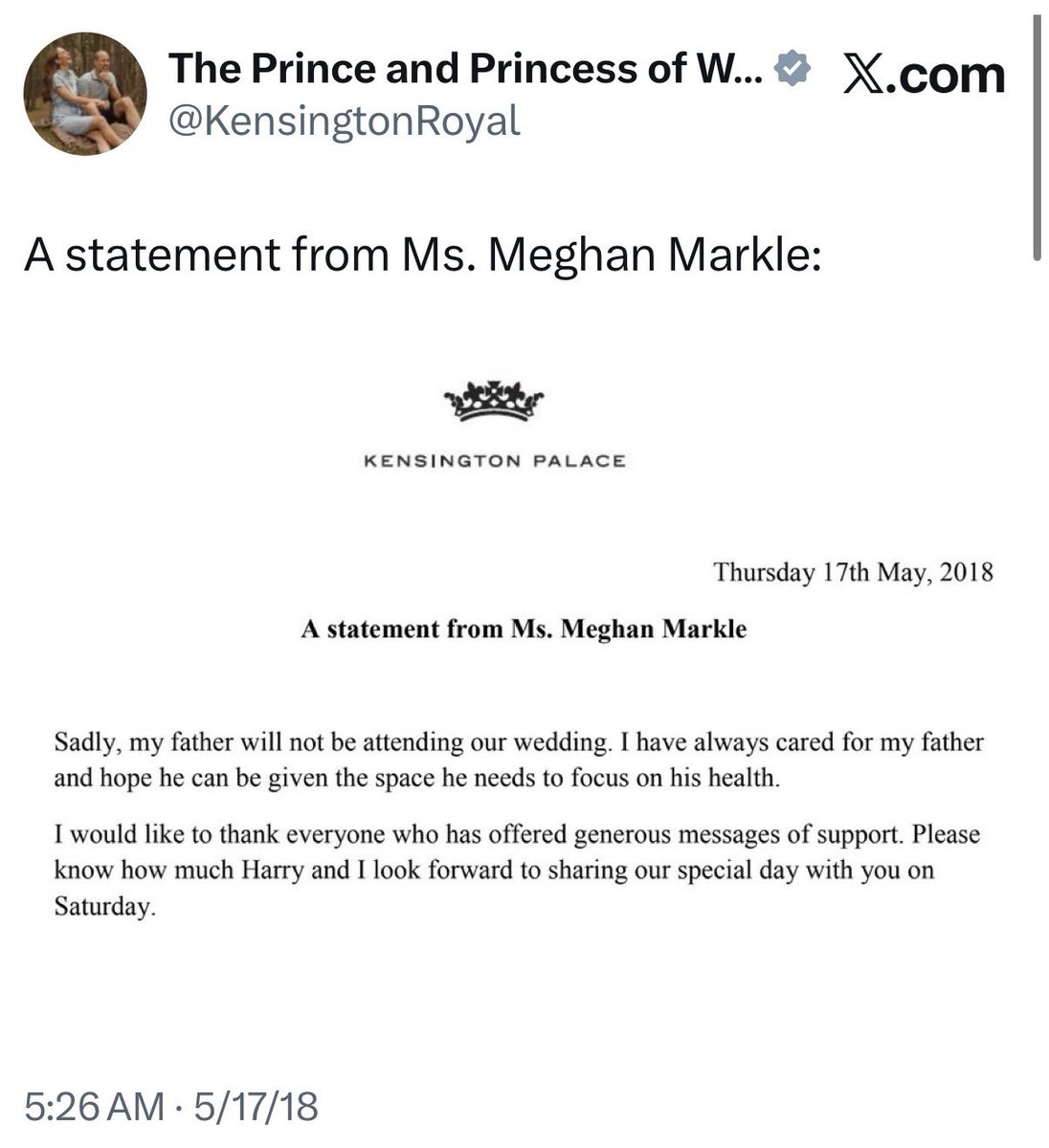 Canellelabelle's tweet image. The press: “The Duchess of Sussex has no plans to see Thomas Markle and has given up hope of reconciling with her father.”😵‍💫
   The truth in two pictures:
On the left, the picture reveals that on May 17, 2018, right before her wedding to Harry, Meg used the official Kensington…