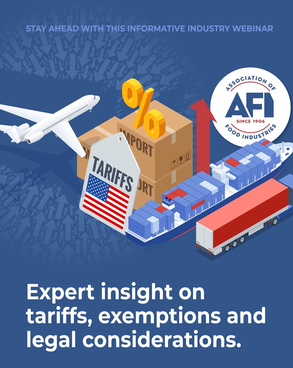 Happening today!

Navigate today’s tariff landscape with clarity.
Learn from the experts at Sandler, Travis &amp; Rosenberg.
It's not too late - register now at my.naooa.org/ap/Events/Regi…
3 p.m. ET
$29 AFI Members | $79 Non-Members
#tariffs #legal #foodimports #foodindustry