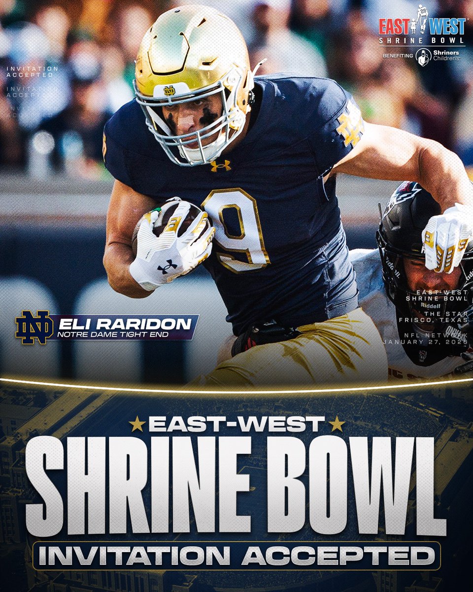 ShrineBowl's tweet photo. Invitation Accepted

@NDFootball TE Eli Raridon (@EliRaridon) has officially accepted his invite to the East-West Shrine Bowl! ☘️

#GoIrish | #ShrineBowlWHOSNEXT 😎 https://t.co/HCoHfllaWZ