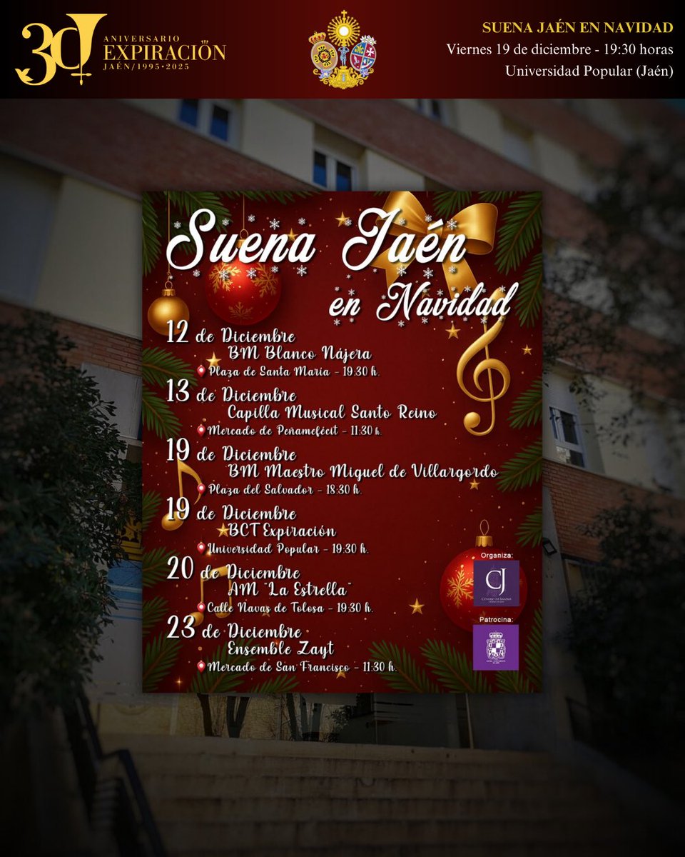 🗓️ | 𝐀𝐆𝐄𝐍𝐃𝐀

Comenzamos una nueva semana de ensayos preparando la que será nuestra última actuación en este año 2025, de la mano de <a href="/BandasCJaen/">Consejo de Bandas Ciudad de Jaén</a> acorde con las fechas tan señaladas en las que nos encontramos… 🎄🎉