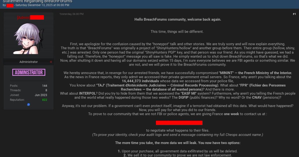 T_Nenninger's tweet image. Allez hop, le ministère de l’intérieur hacké. Toutes les données dispos sur le darkweb. 
Excellente idée d’appliquer le DSA et enregistrer toutes les communications de tous les citoyens. 
Excellente idée aussi de faire une base de données des comptes étrangers, ou encore des…