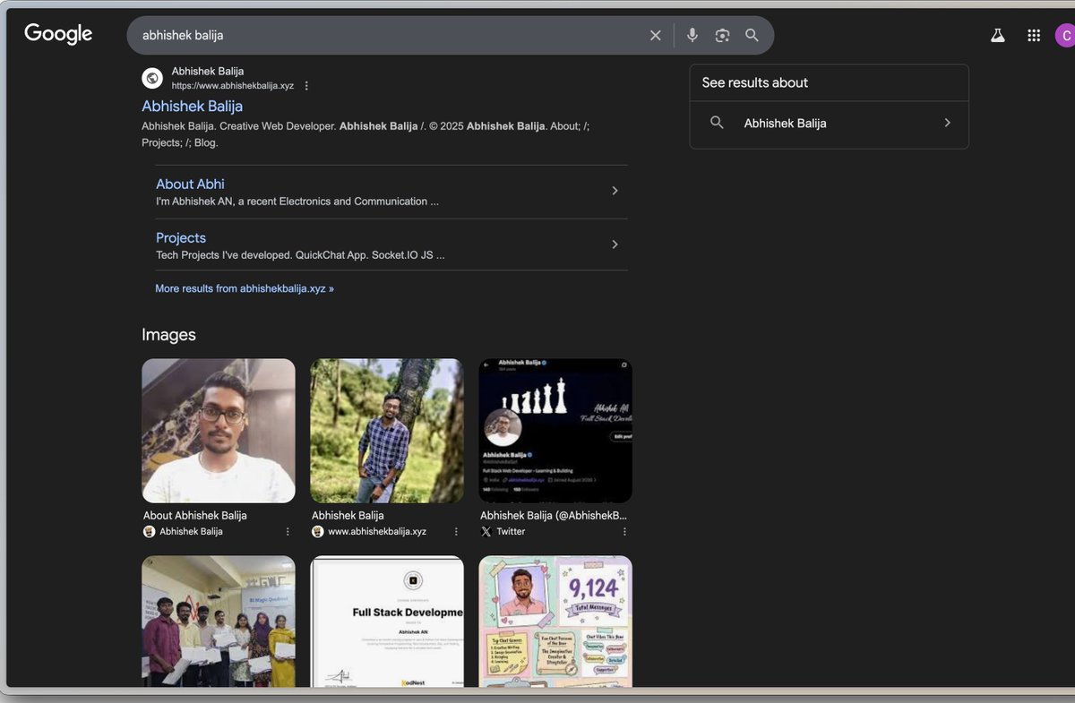 AbhishekBalija1's tweet photo. Building things quietly. One project at a time… Google noticed before I did.
#buildinpublic #GoogleYourname https://t.co/hmFwo9cqaM