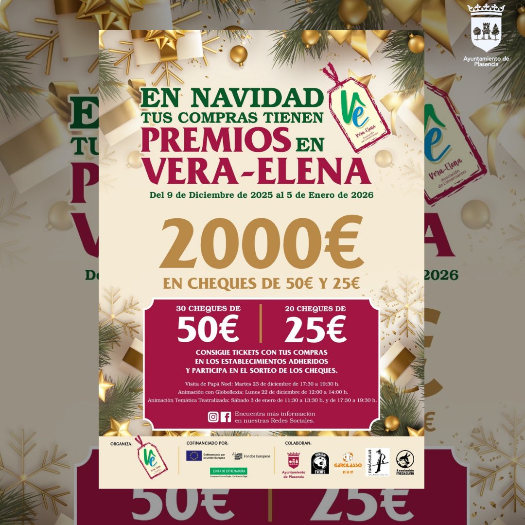 🛍️🎄 Comprar en Plasencia esta Navidad tiene premio

La Asociación de Comerciantes Vera-Elena sortea 2.000 € en cheques regalo entre el 9 de diciembre y el 5 de enero.
Animación, Papá Noel y actividades familiares para #ComercioLocal #NavidadEnPlasencia