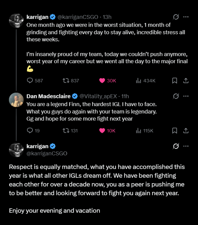 Ozzny_CS2's tweet image. apEX &amp;amp; karrigan showed each other respect after the Budapest Major Final 🤝