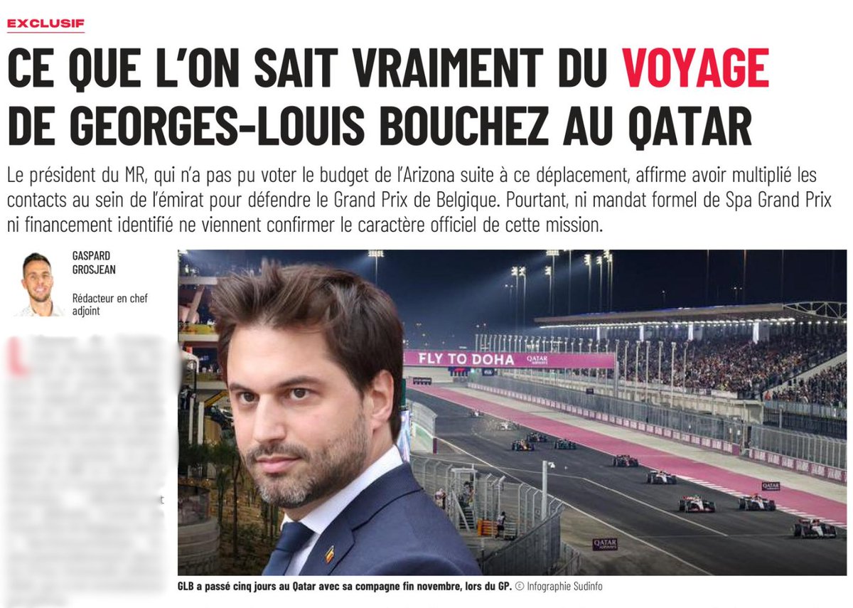 City trip dans les paddocks de la F1 au Qatar plutôt que de voter le budget à la Chambre. 🏎️🤔

Le président du MR expliquait y être en tant que vice-président de Spa Grand Prix… sauf que, selon la presse ce matin, Spa grand Prix ne l'a pas mandaté officiellement ni payé son