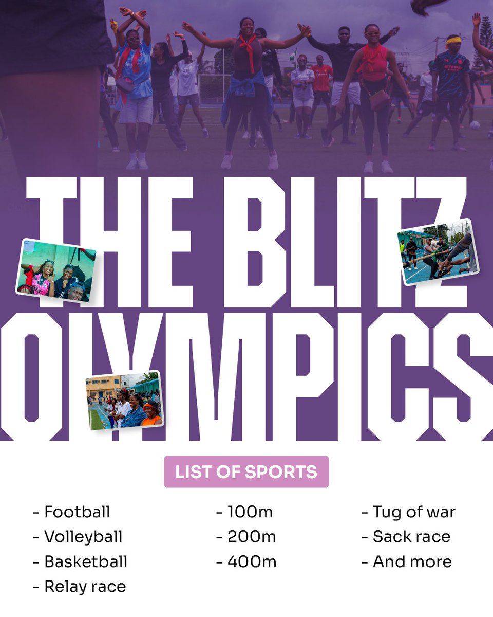 THE BLITZ OLYMPICS IS HERE!
Join us for a massive day of sport, competition, and fun. Bring your team, or just bring yourself. 

DATE: December 27 
TIME: 12:00 PM 
VENUE: Lead City High School, Jericho Ibadan

Come watch or compete!

Tickets 👉🏾 tix.africa/the-blitz-olym…