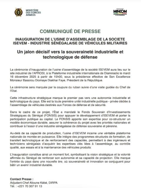 ‼️ Ministère Forces armées : Inauguration usine assemblage véhicules militaires ce 16 décembre a 15h00