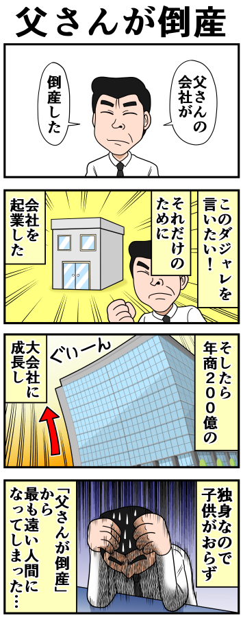 父さんが倒産。
--
「来世ではマジメに働くので許してください by曽山一寿 @soyamanga 」
#ヤメコミ #4コマ漫画 
▼曽山一寿さんの漫画を読む
https://t.co/yKFTSBeDsg 