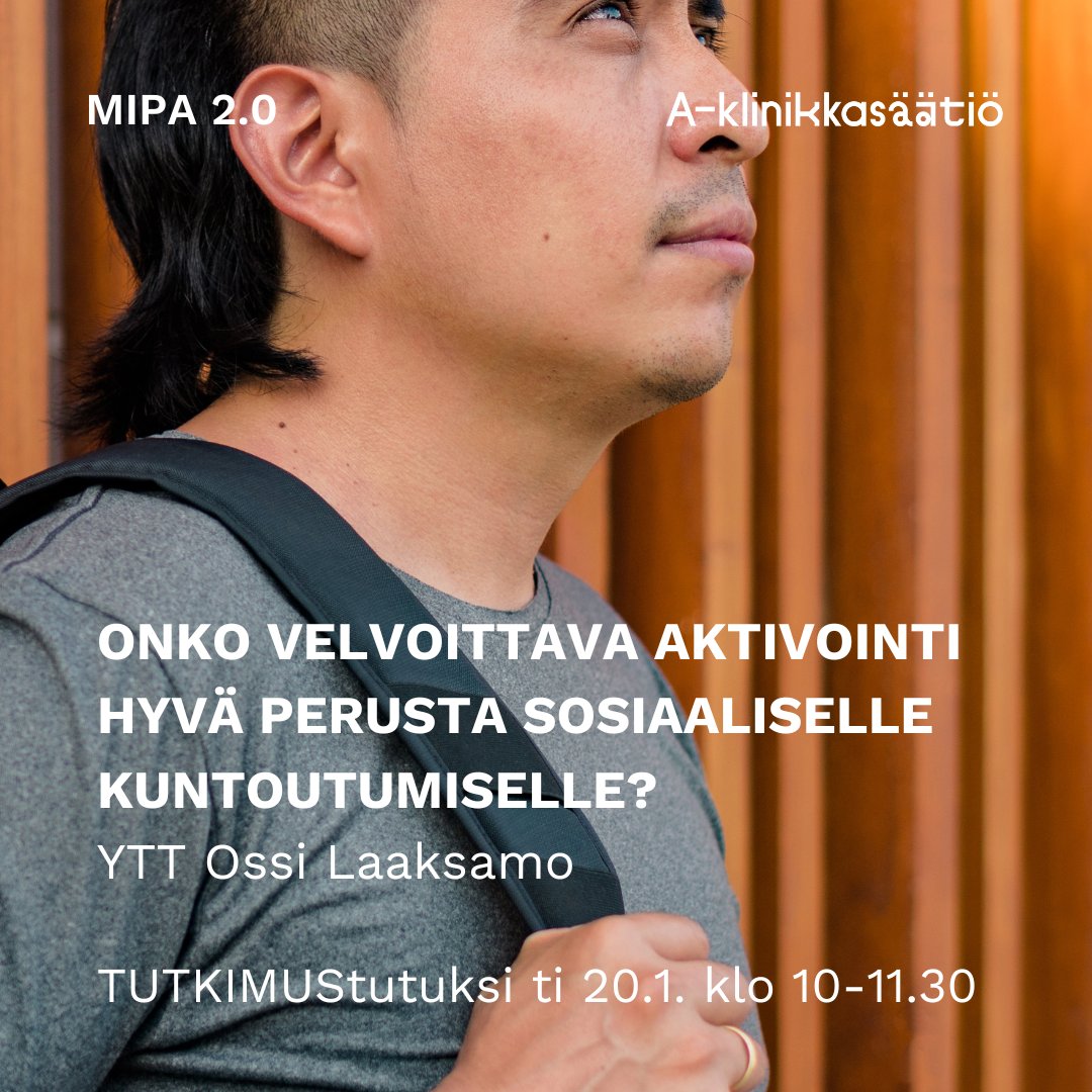 MIPAverkosto's tweet photo. Tammikuun TUTKIMUStutuksi-tapaamisessa YTT Ossi Laaksamo pohtii väitöskirjansa pohjalta velvoittavan aktivoinnin ja sosiaalisen kuntoutumisen jännitteitä. Tapaamiset järjestetään Teamsissä ja niihin ovat tervetulleita kaikki kiinnostuneet. Ilmoittaudu: https://t.co/jTwo59JNvw https://t.co/wZ9A851NHI