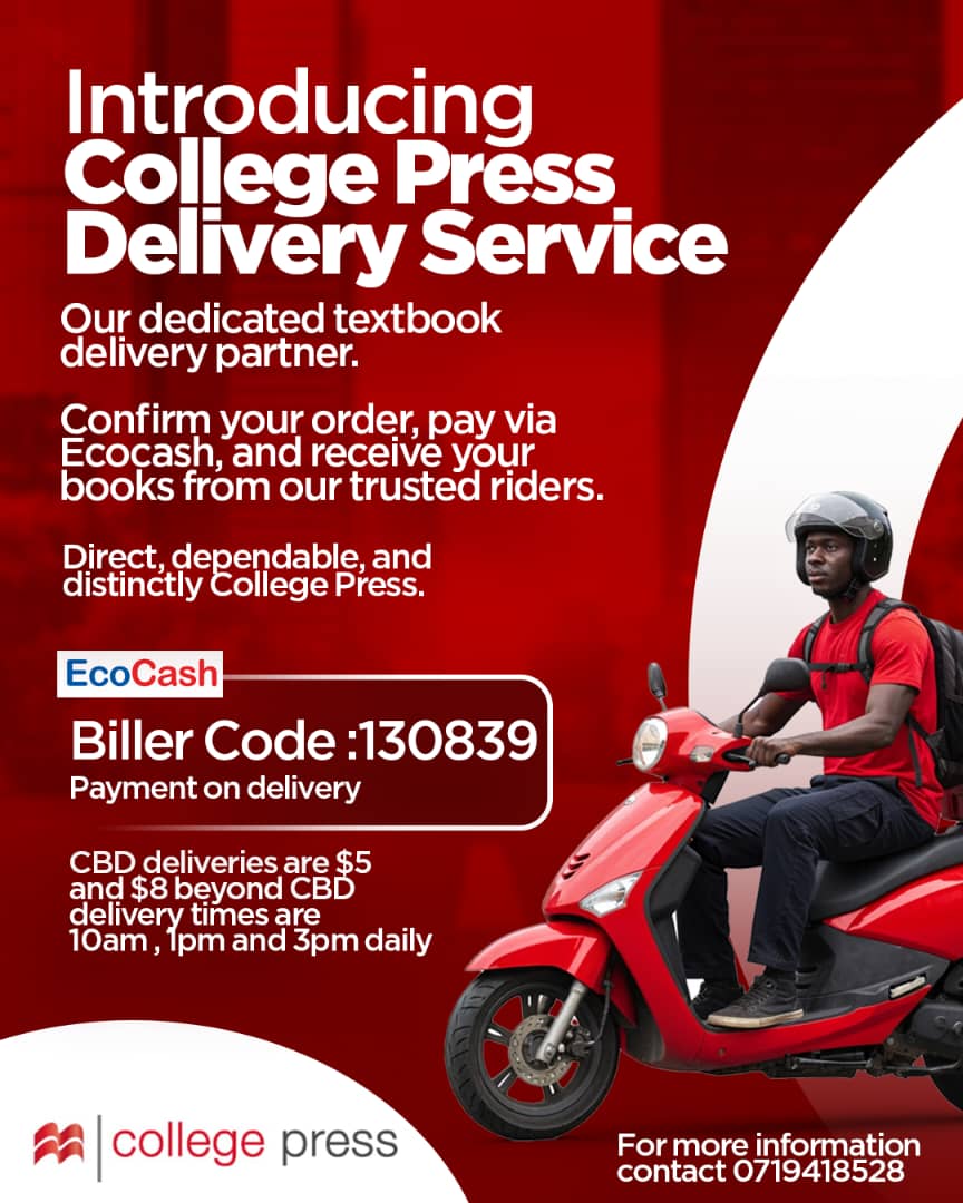 CollegePressZw's tweet image. Order your child’s books, pay via Ecocash, and our trusted riders will bring them directly to you!
No queues. No stress. No delays. Just quality schoolbooks, delivered fast.
College Press — now closer than ever.
#bookdelivery