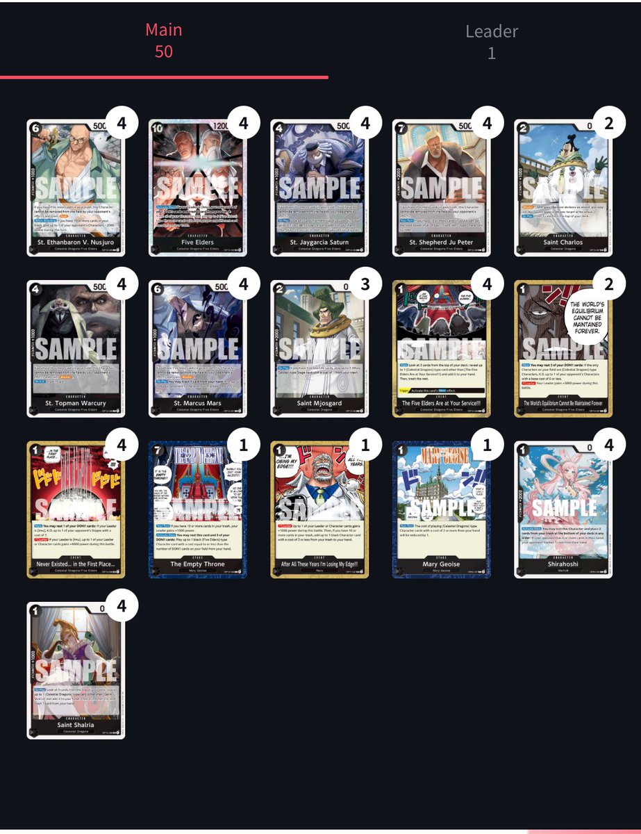 Top 64 Dusseldorf finals with IMU. Disappointed with the result. 7-3 starting from 5-0 🥲. Now let’s think about op14

Round 1: ace ✅
Round 2: Enel✅
Round 3: ace✅
Round 4: imu✅
Round 5: zoro✅
Round 6: Imu ❌
Round 7: Ace ❌
Round 8: Imu ✅
Round 9: zoro ❌
Round 10: Imu✅