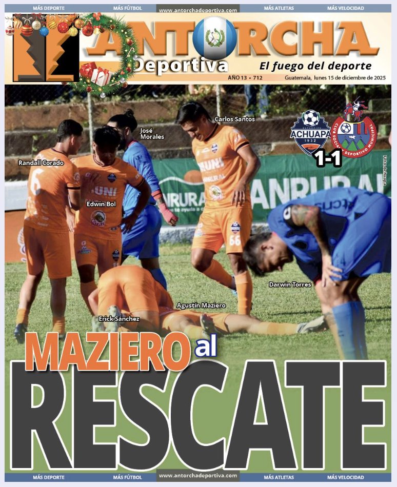 AntorchaDeporte's tweet image. Agustín Maziero salió al rescate de Achuapa, con el gol del empate de los Cebolleros al minuto 41. La Semifinal contra Municipal está igualada 1-1, toda la información de la Liga en la edición 712 de la revista Antorcha Deportiva, que encuentra gratis en antorchadeportiva.com