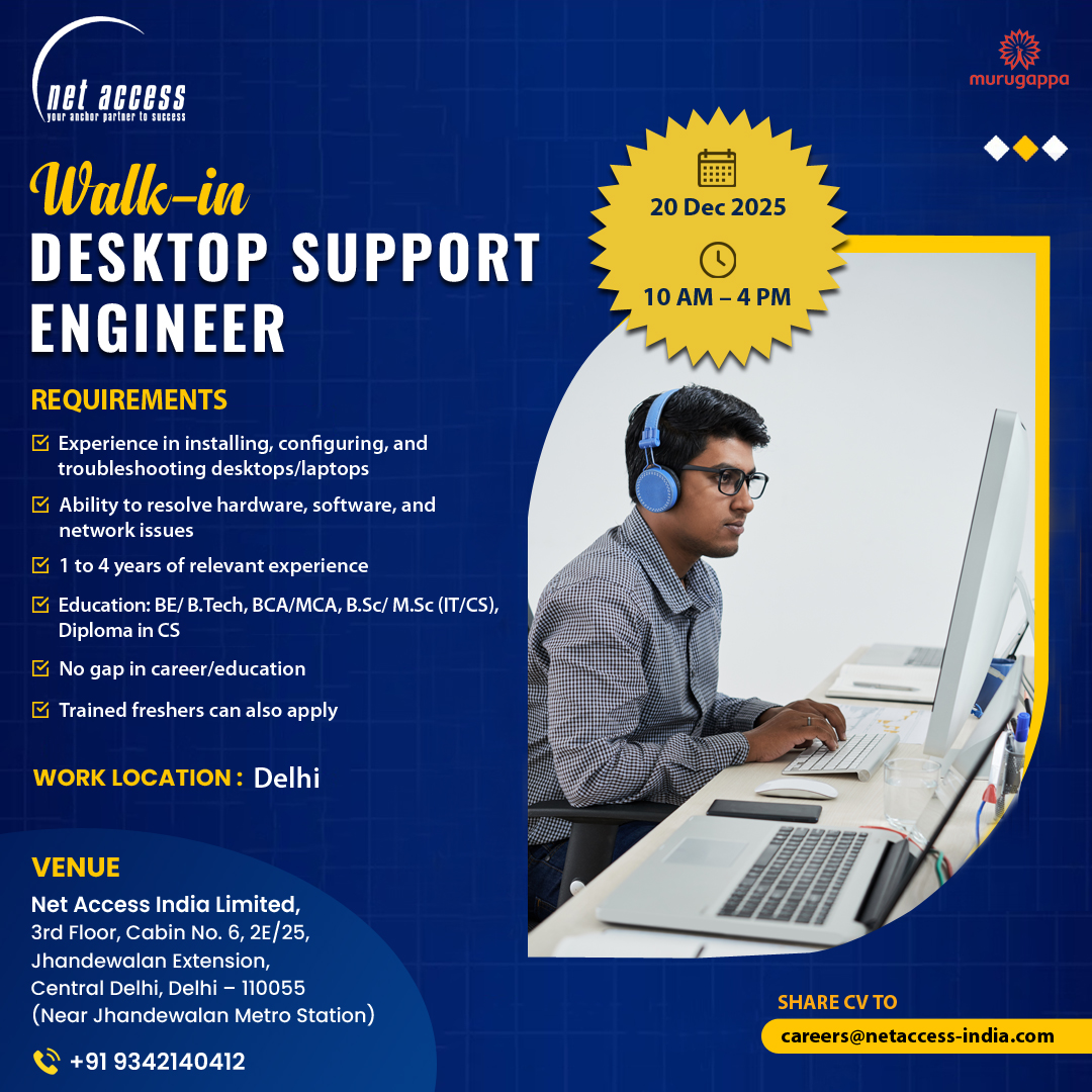 NetAccessLtd's tweet photo. Walk-In Interview | Desktop Support Engineer – Delhi

Join us for a walk-in hiring drive for #DesktopSupportEngineers with hands-on IT support experience.

📅 20 Dec 2025 | ⏰ 10 AM–4 PM | 📍 Delhi

Bring your updated resume.

#WalkInInterview #ITJobsDelhi #HiringNow #ITHiring https://t.co/YOHFTYrBtA