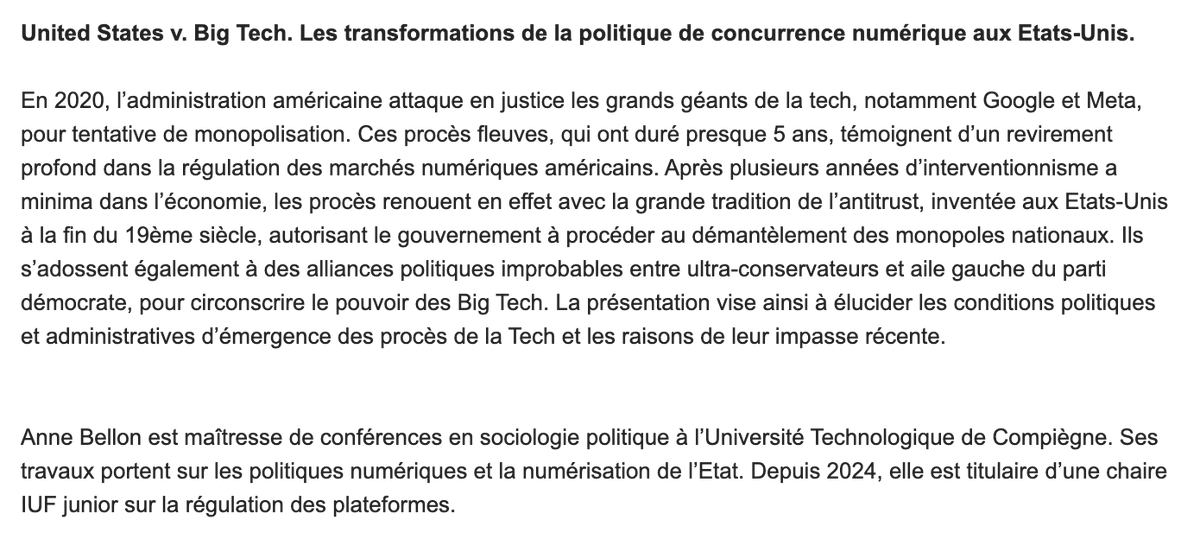 United States v. Big Tech. Les transformations de la politique de concurrence numérique aux Etats-Unis

Séminaire du laboratoire PACTE le 19 déc. 2025 à 14h à l'IEP de Grenoble avec Anne Bellon, politiste à l'UTC de Compiègne

En visio ici : grenoble-inp.zoom.us/j/93899244829 (code 725745)