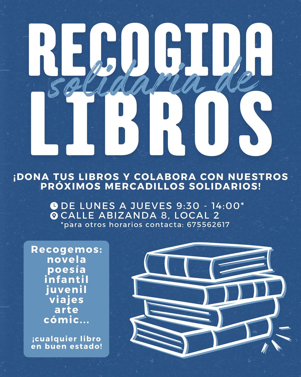 HortalezaPV's tweet image. Si quieres dar una segunda vida a esos libros 📚 en buen estado que ya has leído, dónalos y colabora con los próximos mercadillos solidarios de @torredhortaleza  

📍Recogida de libros de LUNES a JUEVES de 9.30 a 14.00 horas en la calle Abizanda 8, local 2