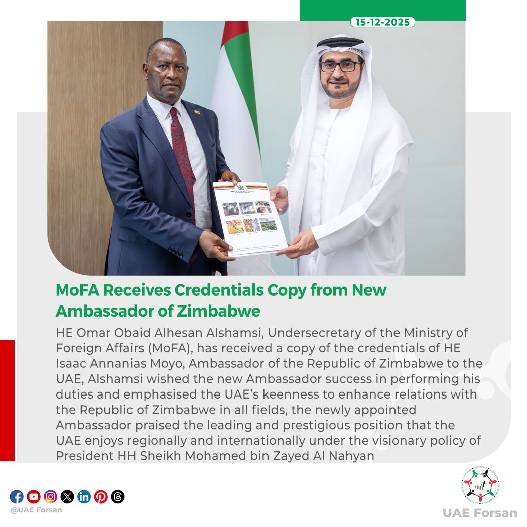 Ministry of Foreign Affairs (#MoFA) Receives Credentials Copy from New Ambassador of Zimbabwe 
#UAE #Zimbabwe 
<a href="/mofauae/">MoFA وزارة الخارجية</a> 
<a href="/ZimEmbassyUAE/">Embassy of Zimbabwe in the UAE</a>