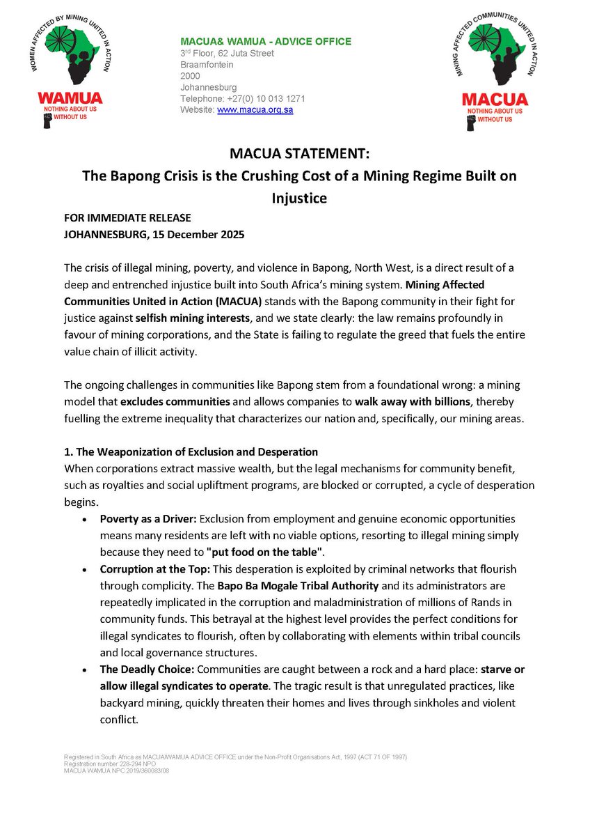 macua_sa's tweet photo. The ongoing challenges in communities like Bapong stem from a foundational wrong: a mining model that excludes communities and allows companies to walk away with billions, thereby fueling the extreme inequality that characterizes our nation and, specifically, our mining areas. https://t.co/ebvPGTlDFk