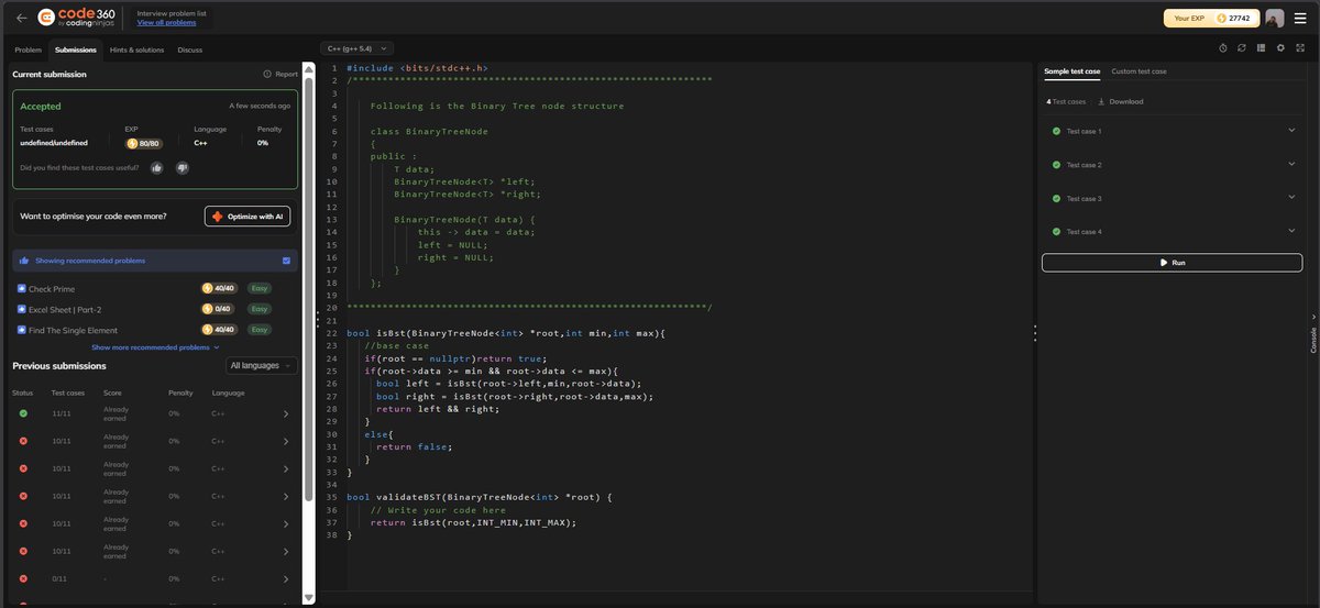 Anurags44798025's tweet image. Solved "Validate BST". The key was to pass down min and max constraints recursively to ensure the left subtree is smaller and the right subtree is larger than the root.

Constraints management is everything in recursion. 
#DataStructures #Algorithms #Programming #CPP #Developer
