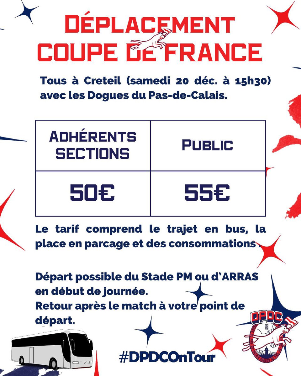 DÉPLACEMENT À CRÉTEIL 

Pour rappel la section organise un bus pour ce premier match de Coupe de France ! 🚌

Trajet , place et buvette compris dans le tarif. 

MOTIVATION !! 👇👇

helloasso.com/associations/d…
