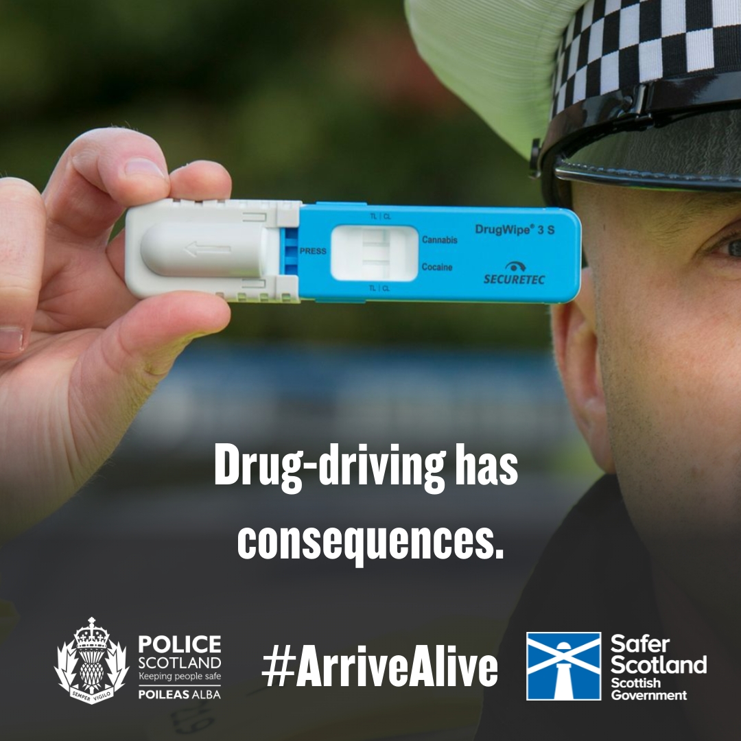 Drug-driving can have serious consequences. If you’re caught, you could face a 12-month driving ban, a maximum of 11 points on your licence and up to six months in prison. Plan ahead and make sure you have a safe way to get home. More: roadsafety.scot/drug-driving/ #ArriveAlive
