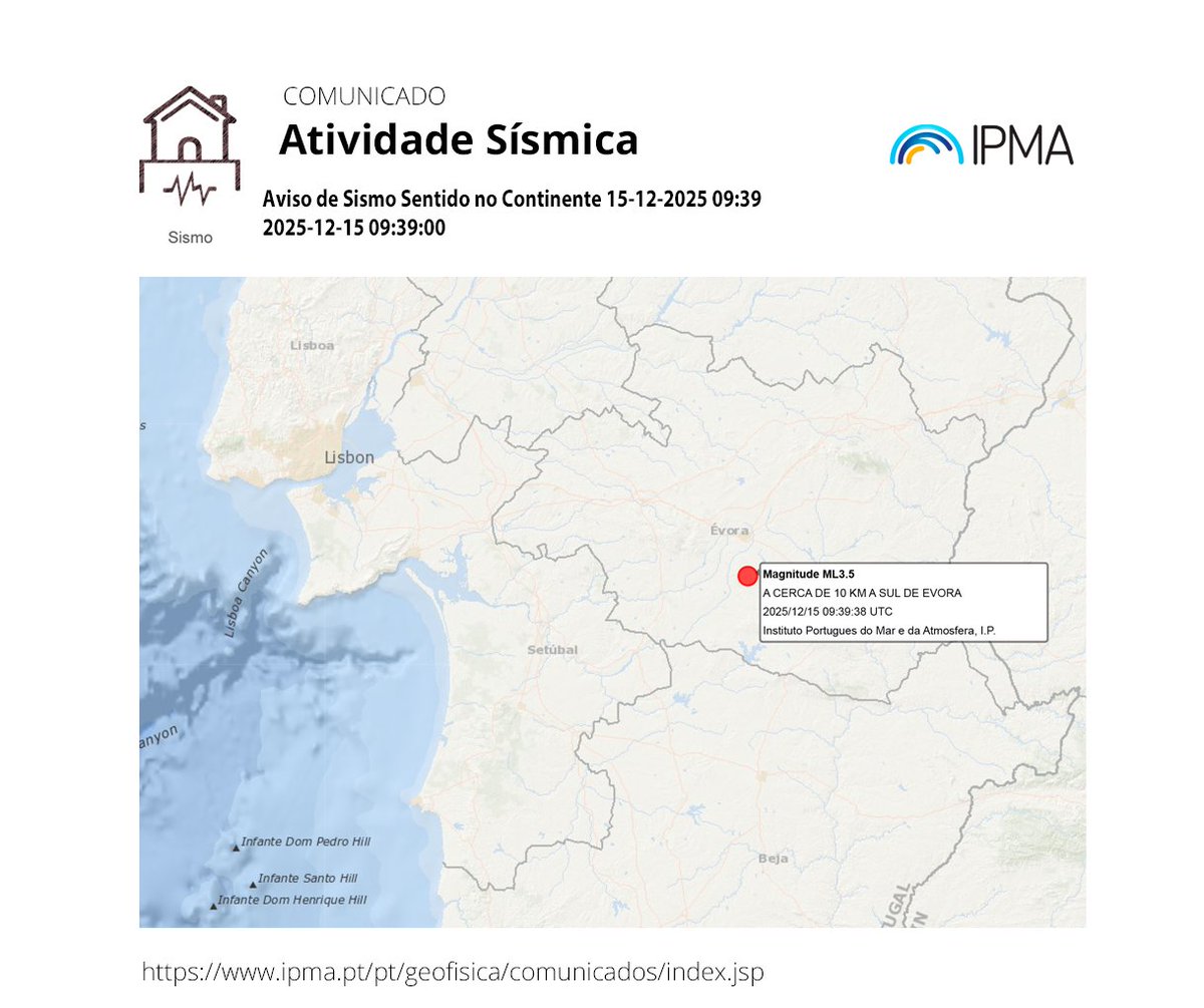 ipma_pt's tweet photo. Aviso de Sismo Sentido no Continente 15-12-2025 09:39
2025-12-15 09:39:00
O Instituto Português do Mar e da Atmosfera informa que no dia 15-12-2025 pelas 09:39 (hora local) um sismo de magnitude 3.5 (Richter)
https://t.co/2XeJUyNkbe https://t.co/uLuhGZfm8j