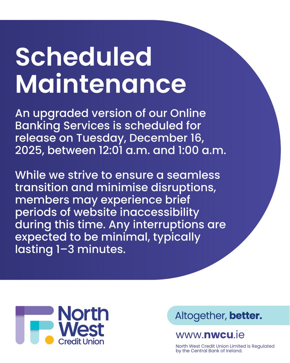 NorthWestCU's tweet photo. We’re rolling out an upgraded version of our Online Banking Services on the 16th of Dec between 12:01AM &amp; 1:00AM. During this time, there may be brief interruptions (1-3 minutes) as we work to enhance your banking experience. Thanks for your patience as we improve our services! https://t.co/PxeStZ01WT