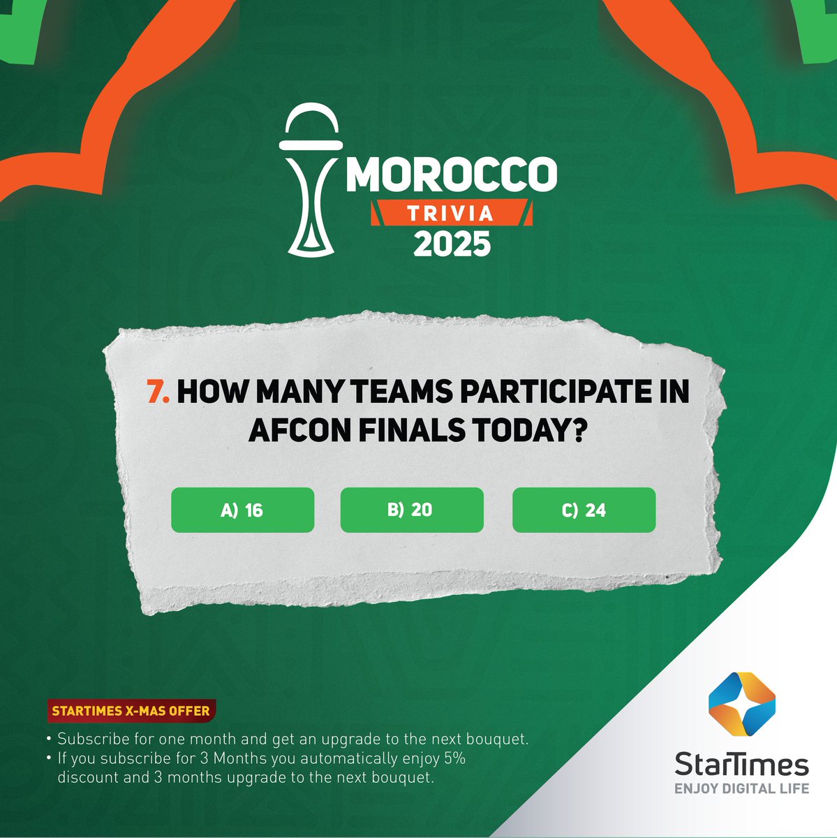 Trivia is ON, and so are the prizes!🏆
Win a 43inch Brand new Tv with StarTimes inbuilt, Caps, Wristbands, jerseys &amp; so much more!

T&amp;Cs
*Follow Sanyuka_Prime 
*Like and share this post
*Tag 3 friends
* Comment with your answer &amp; add #MoroccoTrivia #KickItMorocco25 #UBCAFCON2025