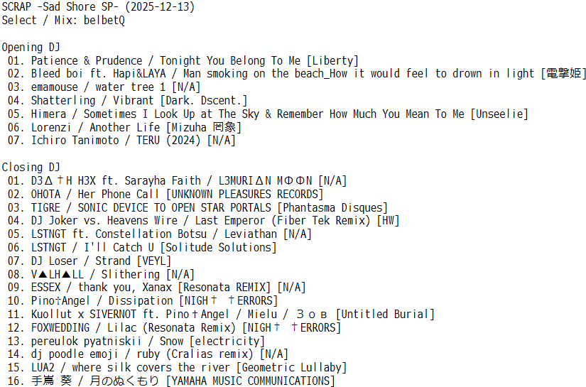 creepiez_vrc's tweet photo. プレイリストです。危険なのでDJで使わなかった曲を中心にお届けしました。アンビエント、トランス、シンセウェイヴ、ウィッチハウスをスクリューしてグチャグチャに混ぜたカオス選曲。手嶌葵のエンディング曲でパーティを終わらせたのが個人的ポイント。 #SCRAP_VR https://t.co/C3Q9MViux6