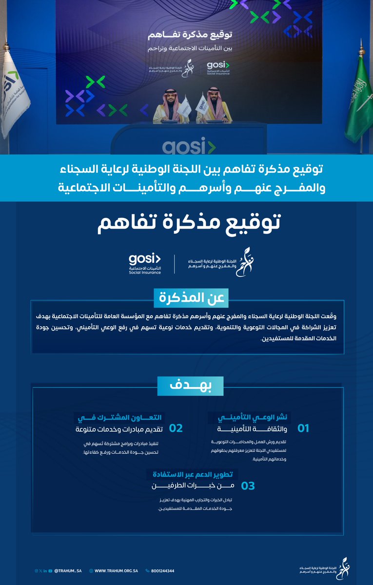 Trahum_sa's tweet photo. وقّعت اللجنة الوطنية لرعاية السجناء والمفرج عنهم وأسرهم مذكرة تفاهم مع المؤسسة العامة للتأمينات الاجتماعية، بهدف تعزيز الشراكة في التوعية والتأهيل، ورفع الوعي التأميني، وتمكين المستفيدين بما يدعم اندماجهم في المجتمع وسوق العمل.

#اللجنة_الوطنية_لرعاية_السجناء_والمفرج_عنهم_وأسرهم
#التأمينات_الاجتماعية
#GOSI
