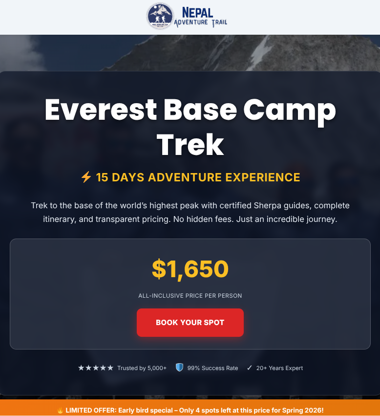 nepadvtrial's tweet photo. @Drewbinsky Everest Base Camp Trek 2026 – Limited Early Bird Spots Left (only 4 at this price!) 📷All-inclusive adventure:  📷Book Now: https://t.co/bhC5h6waix #EverestBaseCamp #EBCTrek #Nepal #Himalayas #Trekking #AdventureTravel #MountEverest #BucketList #Travel2026 https://t.co/8UfdHFCyzU