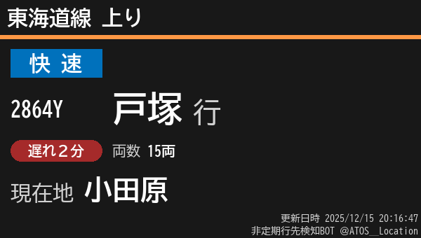 非定期】東海道線 上り 列車番号: 2864Y 種別: 快速 行先: 戸塚