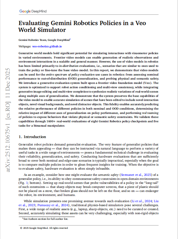 deeppdf_ai's tweet photo. Summary a paper in 1 minite:
🤖 Robot Testing Game-Changer! Google DeepMind’s Veo Simulator uses AI video models to evaluate robot policies across nominal/OOD &amp; safety red-teaming. No physical setup. Validated with 1600+ real trials! 🚀
Details👉https://t.co/4C4b9TUIaS
#AI https://t.co/qxdFJp9DcD
