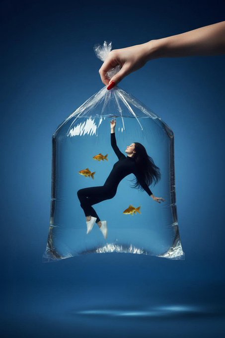Surreal fashion photograph of a young women floating inside a giant transparent plastic water bag cr