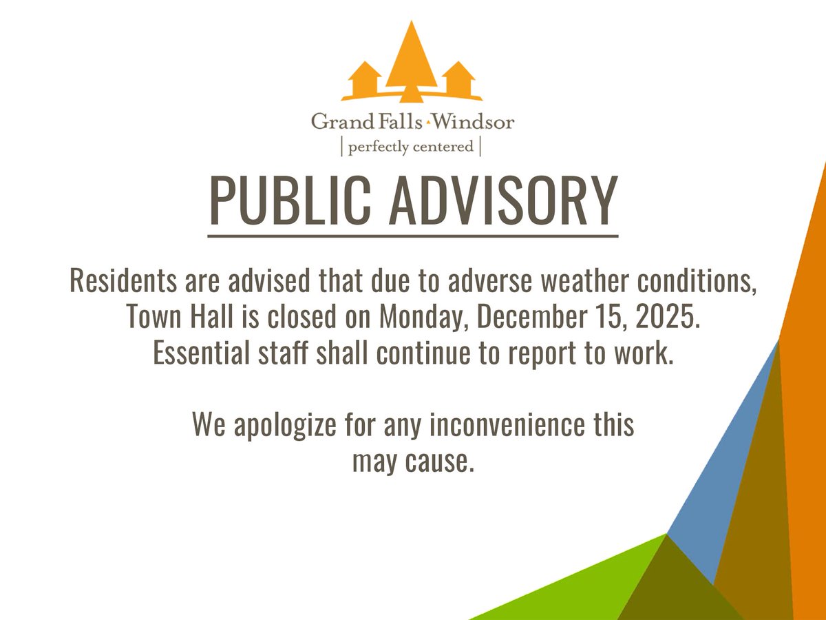 PUBLIC ADVISORY - Town Hall Closed

For full text notice, please visit: grandfallswindsor.com/public-advisor….