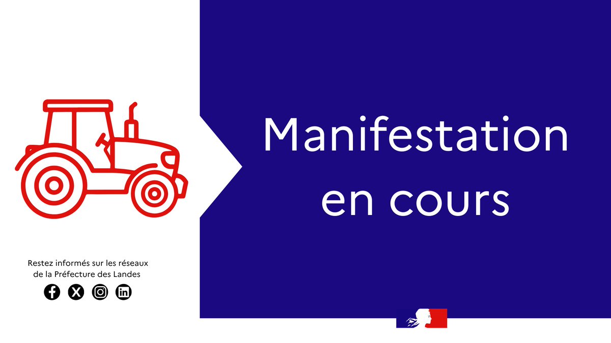🔴#Manifestation | Situation au 15 décembre 

Dans le cadre de la mobilisation agricole, des perturbations de circulation sont en cours :

➡️A63 sens sud-nord
➡️Rond point de Bégaar à Tartas
➡️RD933N à Lapeyrade
➡️Rond point de l’échassier à Mont-de-Marsan

Plus d'informations