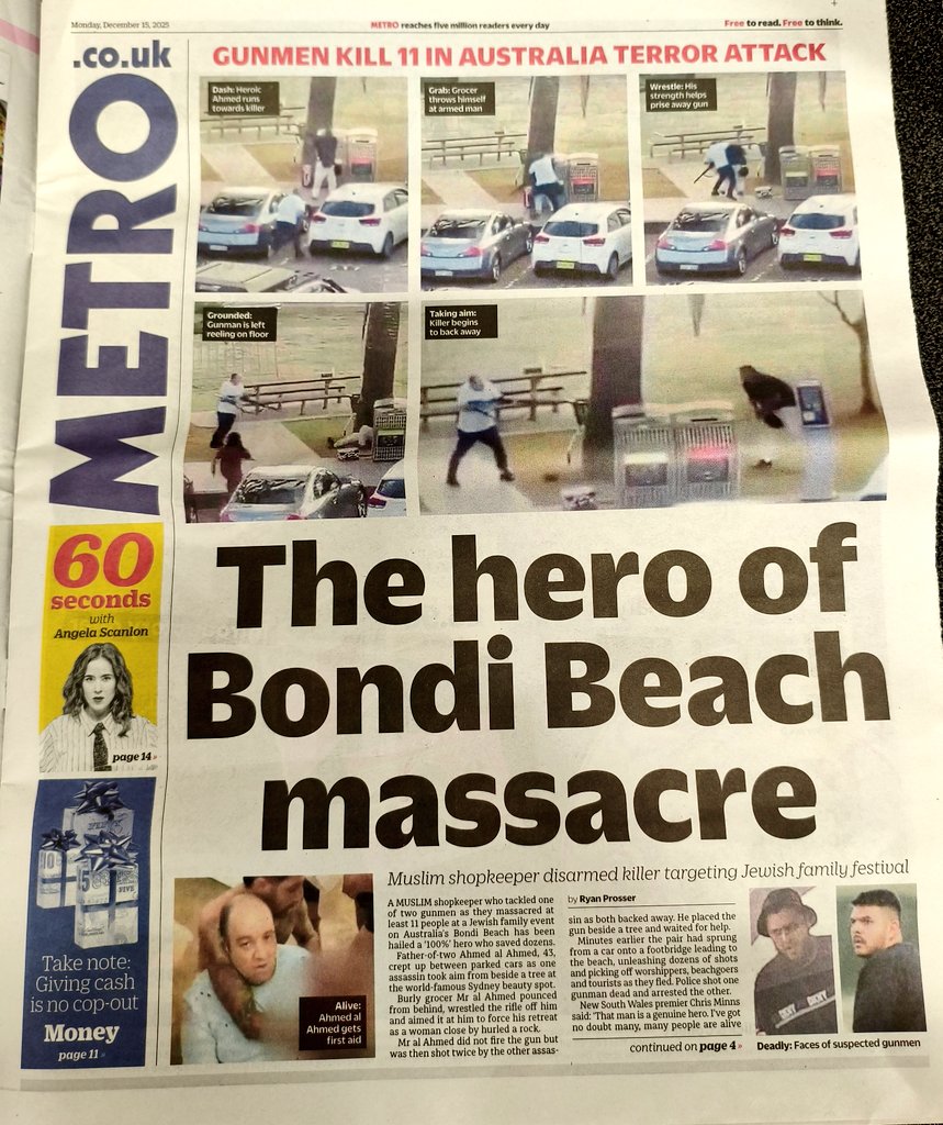 Makkhichoos's tweet photo. @MetroUK Absolute disgusting piece of Journalism from Metro UK!
UK journalism 💩

"Gunmen" &amp; not t£rr0ri$ts + they don't have religion but the man who saved has a religion 🤬

Name &amp; shame them dammit @Rdprosser19
#bondibeach #bondiattack #BondiBeachTerrorAttack https://t.co/cxBZIfOlQb