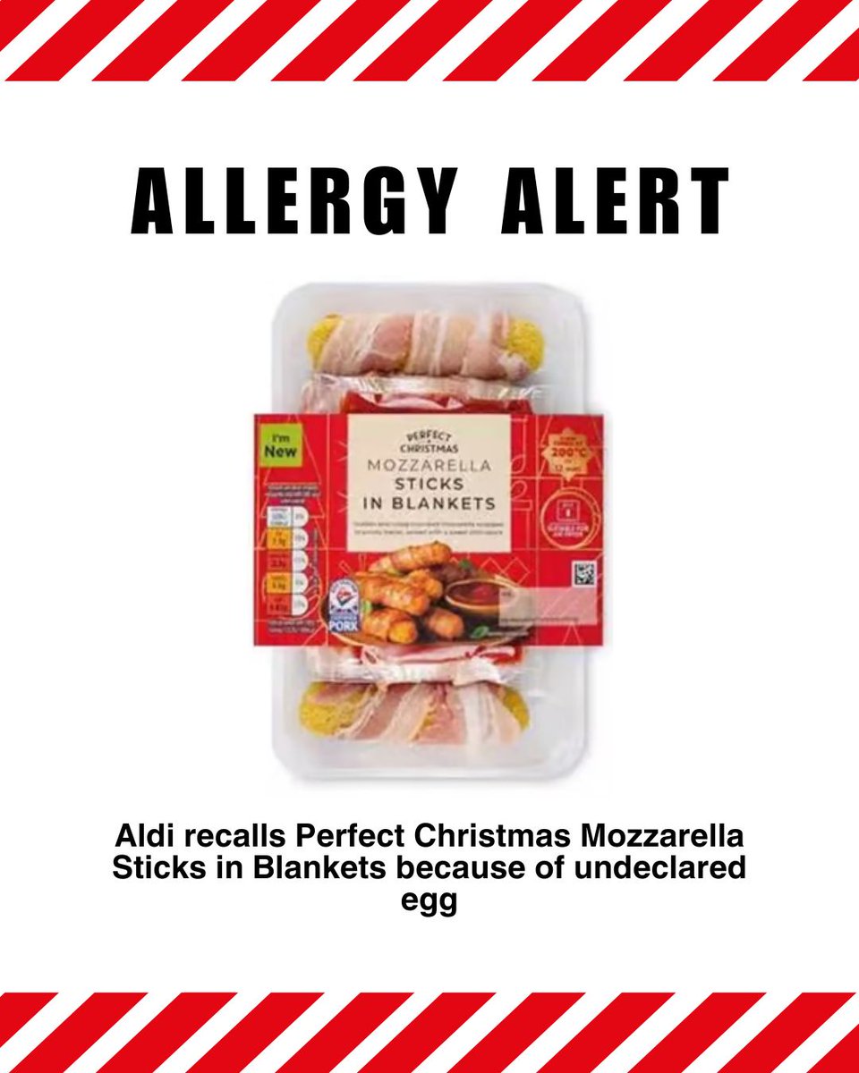 Aldi is recalling Perfect Christmas Mozzarella Sticks in Blankets because the product contains egg which is not mentioned on the label. This means the product is a possible health risk for anyone with an allergy or intolerance to egg.

food.gov.uk/news-alerts/al…