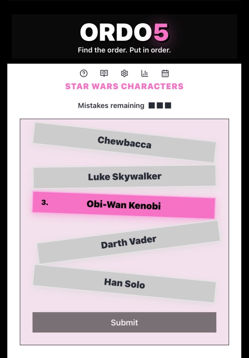 ORDOFive's tweet image. Today’s puzzle: Star Wars Characters ⚔️
Chewbacca | Luke | Obi-Wan | Darth Vader | Han Solo
May the Force be with you.
ordo5.com
#ORDO5 #StarWars #MondayMotivation #Trivia #PopCulture