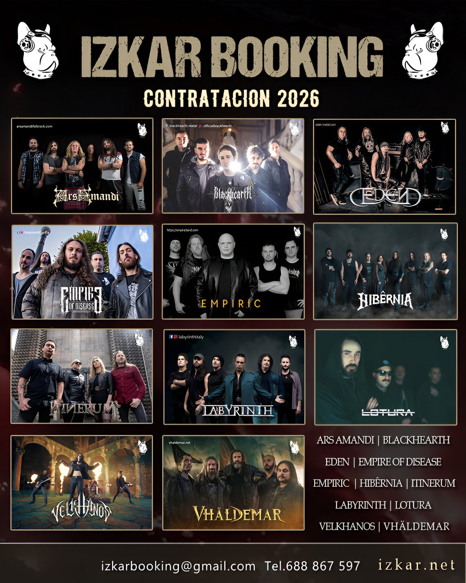 Abierta contratación 2026
ARS AMANDI | BLACKHEARTH | EDEN | EMPIRE OF DISEASE | EMPIRIC | HIBÊRNIA | ITINERUM | LABYRINTH | LOTURA | VELKHANOS | VHÄLDEMAR 

BOOKING · MANAGEMENT · PROMOCIÓN
izkar.net/contratacion

#heavymetal #folkespañol #metalcore #deathmetal #gothicmetal