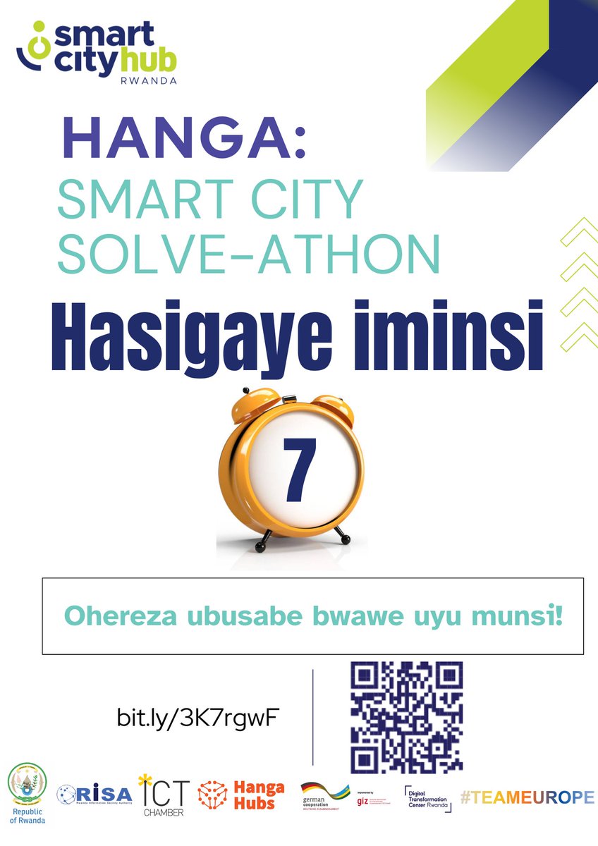 smartcityhubrw's tweet image. Hasigaye iminsi 7 gusa! Iyandikishe uyu munsi, ugire uruhare mu guhanga udushya hifashishijwe ikoranabuhanga mu kubaka imijyi yunganira Kigali kandi ibereye guturwamo.
Iyandikishe hano: bit.ly/3K7rgwF cyangwa scana kuri QR Code.
#Hanga #SmartCitySolveAthon