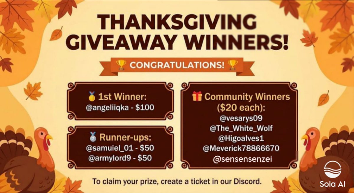 Hey hey hey, the wait is over!
Our Thanksgiving Giveaway winners are here 🦃
First, a huge thank you to everyone who participated. The energy was amazing, and we loved seeing you all take part.

🏆 Winners
🥇 1st Winner: <a href="/angeliiqka/">Liiqka 🎒</a>: $100

🥈 Runner-ups:
<a href="/samuiel_01/">samuiel</a>: $50