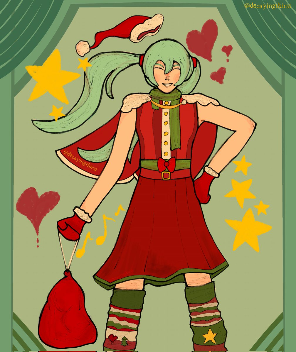 decayingthirst's tweet image. the next one in christmas costume is akita neru &amp;lt;3
triple baka!!!!
here's miku!!!!
#art #hatsunemiku #vocaloid