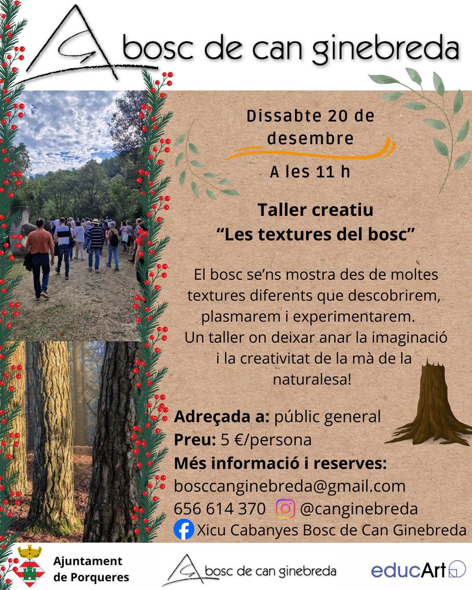 🌳 T'esperem aquest cap de setmana al taller creatiu "Les textures del bosc"!

✅El bosc se'ns mostra des de moltes textures diferents que descobrirem, plasmarem i experimentarem.

Inscripcions👉🏼bosccanginebreda@gmail.com / 656614370

📆Dissabte 20
⏰11 h
📍Bosc de Can Ginebreda