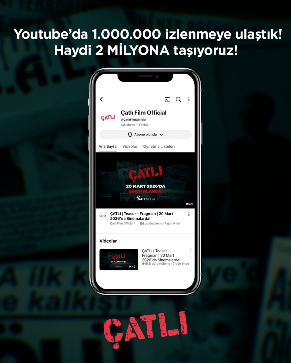 YouTube’da 1.000.000 izlenmeye ulaştık! 🎬
Haydi hep birlikte 2 MİLYON izlenmeye taşıyoruz! 🎉

20 Mart 2026’da sinemalarda!

#ÇatlıFilmi #abdullahçatlı #3kasım1996 <a href="/catlifilm/">Çatlı Film</a>