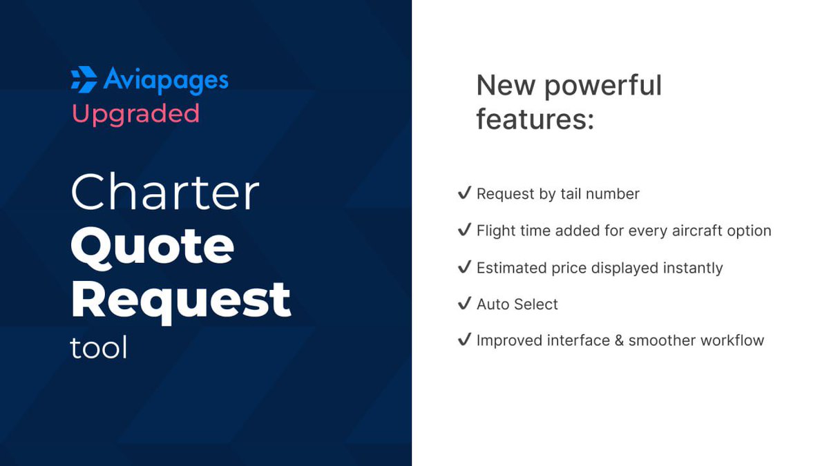 AviapagesCom's tweet photo. We’ve just upgraded the Aviapages Charter Quote Request Tool https://t.co/Ga0woCQTNY

#aviapages #privatejet #privatejetcharter #businessaviation #charterflight #jetcharter #luxurytravel #aviationtech #flightplanning #CharterBroker #AircraftOperators #privateaviation https://t.co/syWb0hFqk2