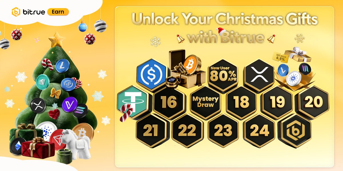 BitrueOfficial's tweet image. 🎄 #BitrueChristmas is here! Grab your advent calendar of crypto rewards! Are you ready for the mystery draw on 17 Dec?

🚀 Stake $BTC, $ETH, $XRP, $SOL, $ADA, $TRX, $USDC &amp;amp; $USDT to earn up to 7% APR and unlock your mystery draw chance.

🗓️ 180 days with NO lock-up period!
👉