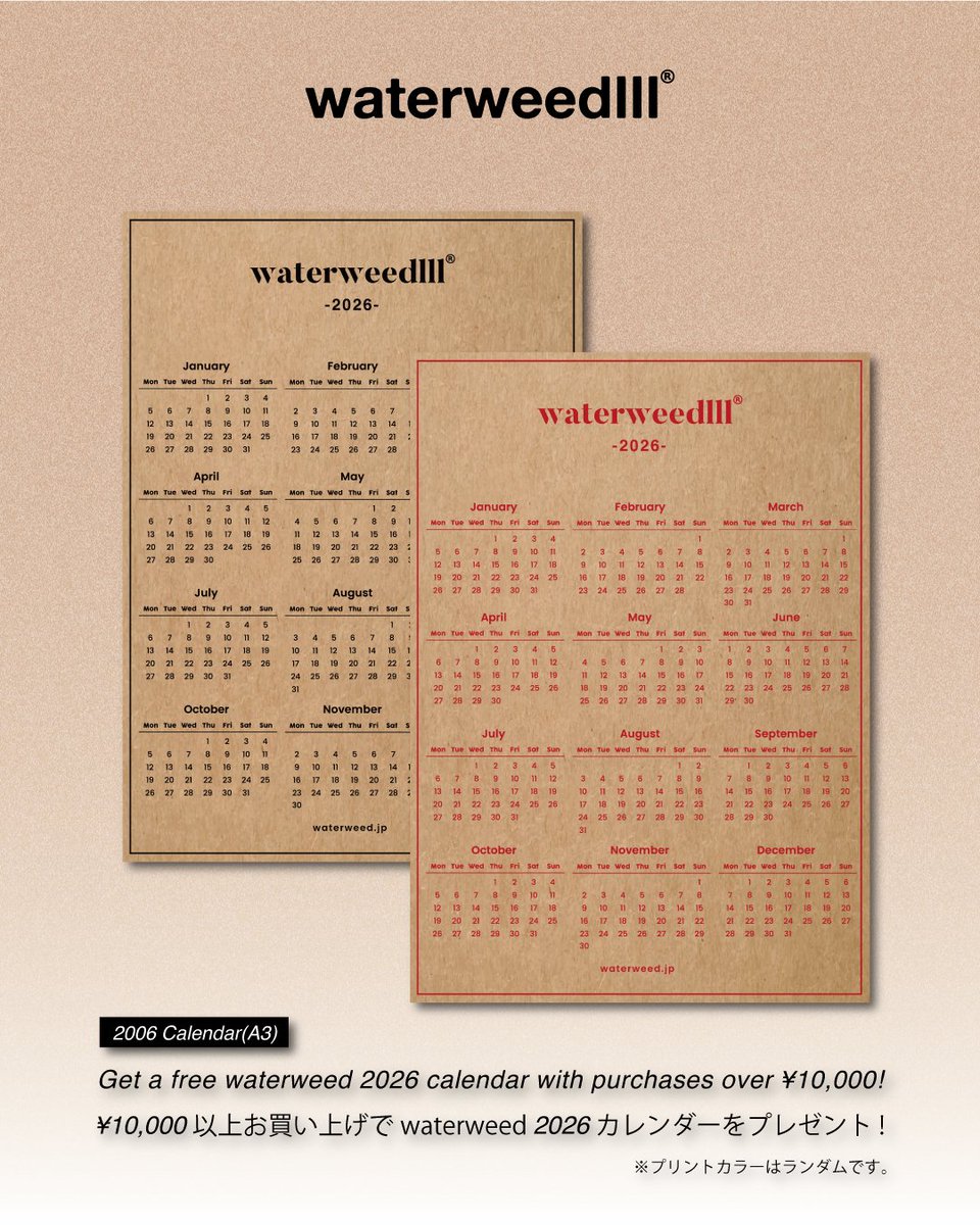 merch_camp's tweet photo. 【waterweed Pre-Order 2025 WINTER】

本日20:00よりwaterweed新マーチの受注受付開始！

受付期間：12月22日(月)23:59まで

さらに1万円以上お買い上げで
2026カレンダー(A3)をプレゼント！

🔗購入はこちら
https://t.co/C03pCzlTcQ https://t.co/hUcfzsYAoU